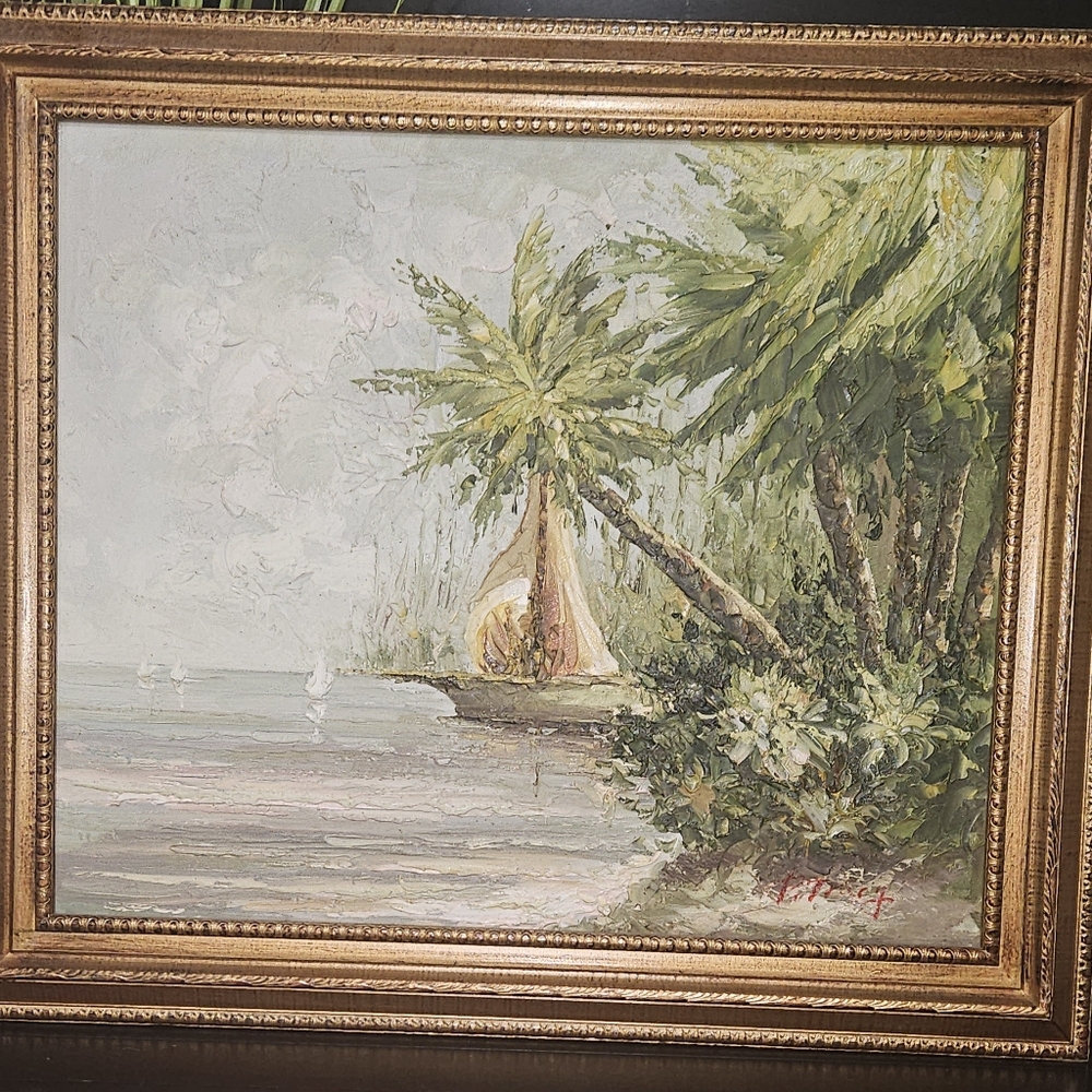 Tropical Landscape Oil Painting with Gold Frame